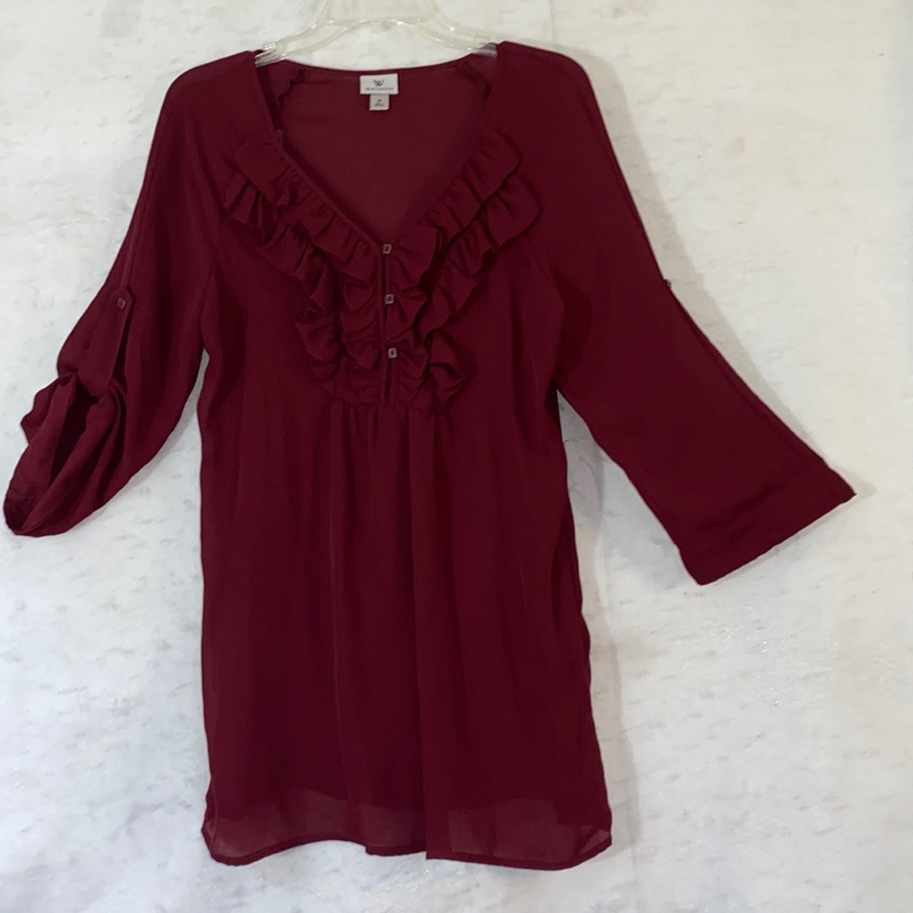 Worthington Burgundy Ruffle V-Neck Long Sleeve Blouse Medium Office Work Top